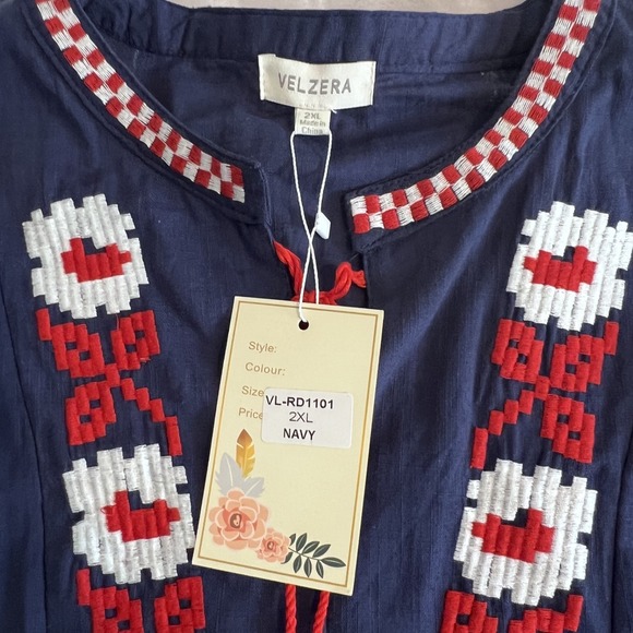 Velzera Tunic Top Womens 2X Blue Floral Embroidered Boho Cottagecore Gauzy NWT - Picture 6 of 11